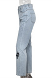 Jeans de mezclilla rectos básicos de cintura baja con bordado casual de moda azul bebé