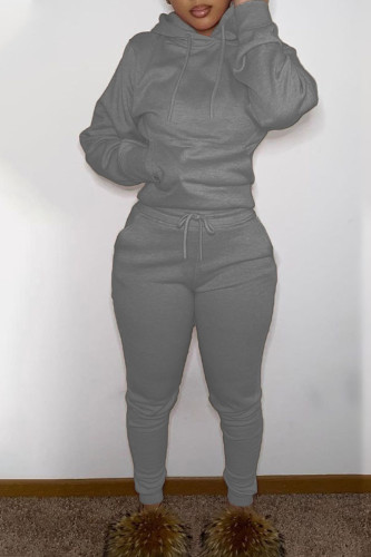 Grey Casual Solid Patchwork Hooded Collar Long Sleeve Two Pieces