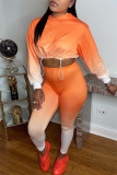 Оранжевый Модный повседневный постепенный принт с принтом Базовый воротник с капюшоном с длинным рукавом из двух частей