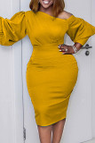 Yellow Fashion Casual Solid Patchwork Oblique Collar Long Sleeve Dresses