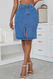 Mittelblaue, lässige, solide Patchwork-Jeansröcke mit Schlitz und hoher Taille