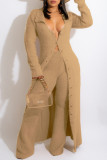 Beige Fashion Casual Solid Cardigan Hose V-Ausschnitt Langarm Zweiteiler