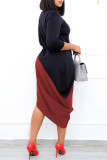 黒赤ファッションカジュアルパッチワーク非対称Oネック長袖ドレス