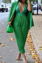 Calça Cardigan Sólido Moda Casual Verde Gola Abaixada Manga Longa Duas Peças
