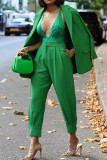 Groene Mode Casual Solide Vest Broek Turndown Kraag Lange Mouw Twee Stukken