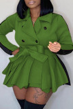 Green Sweet British Style Solid Patchwork Turn-back Collar Long Sleeve Dress Plus Size Dresses