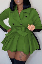 Groene zoete Britse stijl effen patchwork jurk met omslagkraag en lange mouwen, grote maten jurken