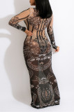 Schwarz Mode Sexy Print Bronzing Durchsichtige O-Ausschnitt Langarm-Kleider