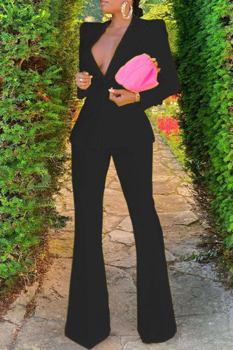 Black Fashion Casual Solid Cardigan Pants Turndown Collar Long Sleeve Two Pieces