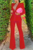 Cardigan solido casual moda rosso pantaloni colletto turndown manica lunga due pezzi