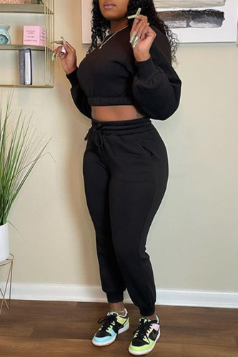 Black Fashion Casual Solid Basic O Neck Long Sleeve Two Pieces