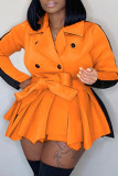 ローズレッド スイート ブリティッシュ スタイル ソリッド パッチワーク ターンバックカラー 長袖ドレス プラスサイズ ドレス