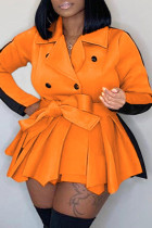 Orangefarbenes, süßes, solides Patchwork-Umlegekragen-Langarmkleid im britischen Stil in Übergröße