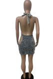 Grey Sexy Patchwork Hollowed Out Sequins Backless Halter Sleeveless Dress