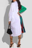 Белое модное повседневное платье-рубашка с длинным рукавом и отложным воротником с принтом в стиле пэчворк