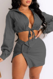 Apricot Fashion Sexy Solid Bandage Turndown Collar Long Sleeve Two Pieces