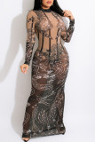 Zwarte Mode Sexy Print Bronzing Doorschijnende O-hals Jurken met Lange Mouwen