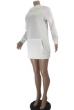 ホワイトカジュアルソリッドパッチワークフード付きカラー長袖ドレス