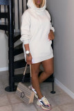 ホワイトカジュアルソリッドパッチワークフード付きカラー長袖ドレス