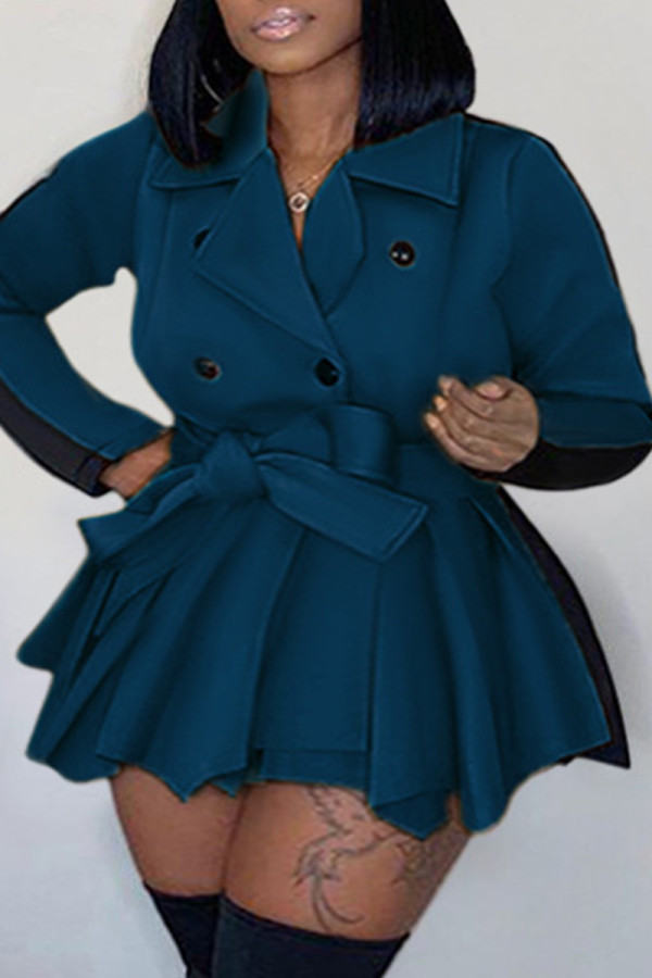 Marineblauwe zoete Britse stijl effen patchwork jurk met omslagkraag en lange mouwen, grote maten jurken