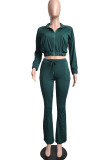 グリーンファッションカジュアルソリッドベーシックフード付きカラー長袖ツーピース