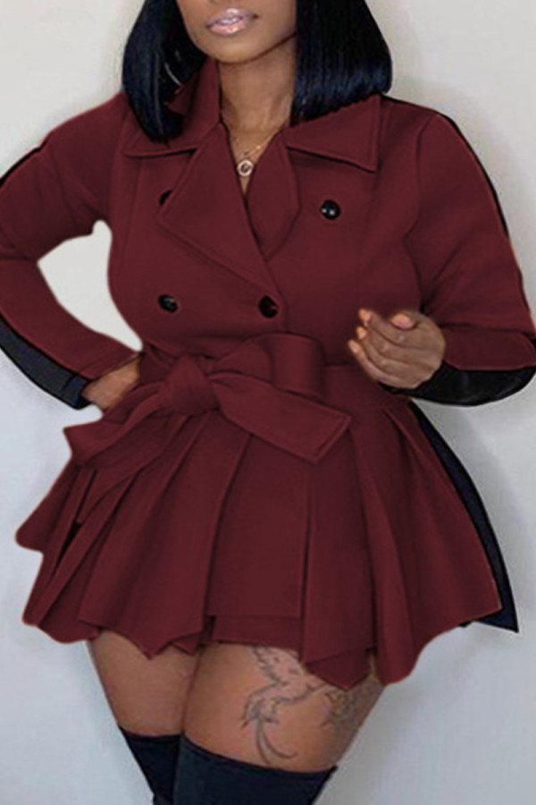 バーガンディ スイート ブリティッシュ スタイル ソリッド パッチワーク ターンバックカラー 長袖ドレス プラスサイズ ドレス
