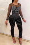 Black Fashion Sexy Patchwork Hot Drilling See-through Skinny Jumpsuits met O-hals