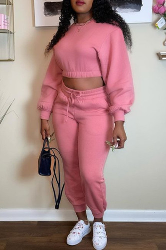 Pink Fashion Casual Solid Basic O Neck Long Sleeve Two Pieces