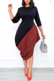黒赤ファッションカジュアルパッチワーク非対称Oネック長袖ドレス