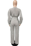 Grey Casual Solid Patchwork Zipper Long Sleeve Two Pieces