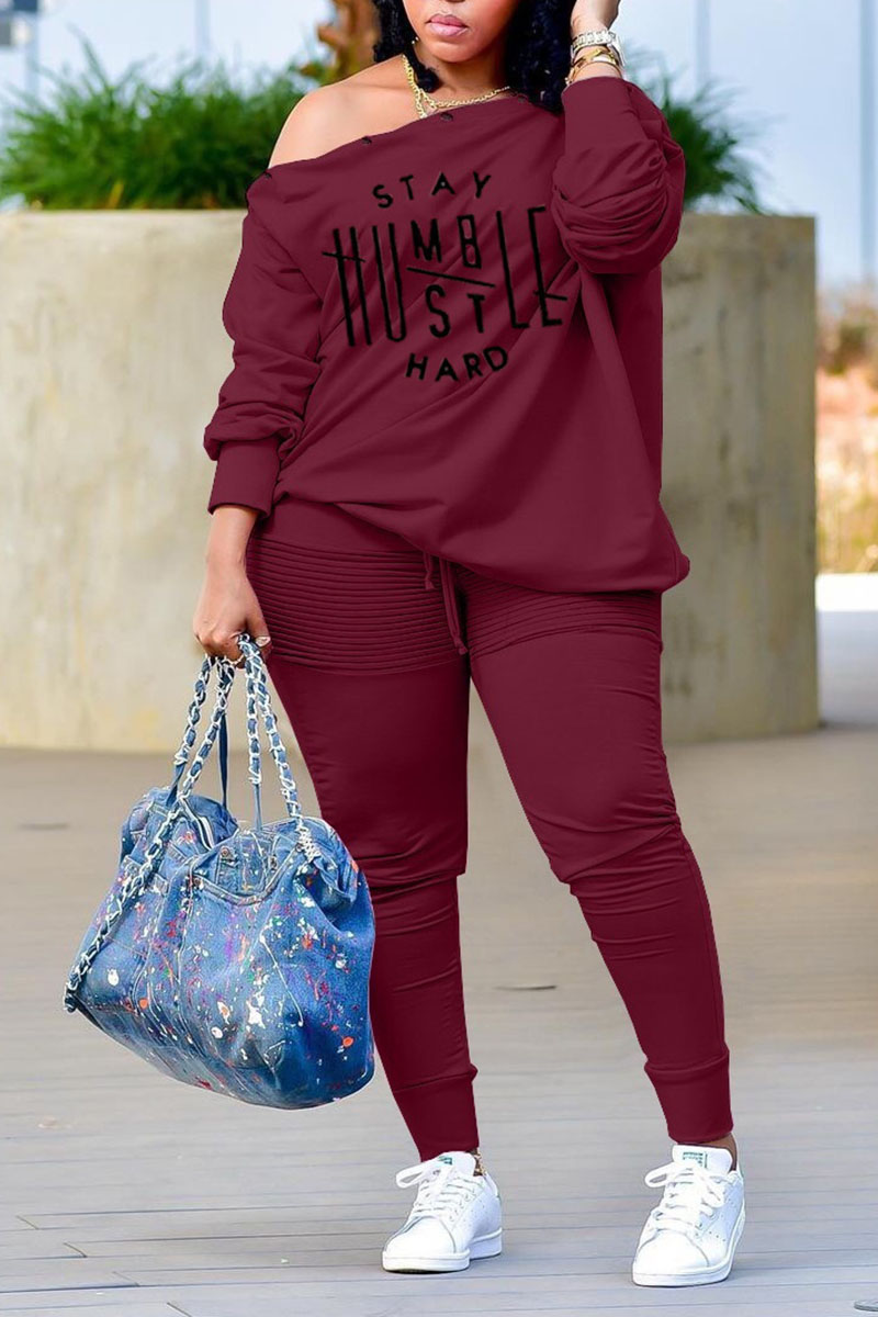 

Burgundy Casual Print Split Joint Buckle Off the Shoulder Plus Size Two Pieces