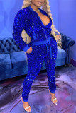 Blue Fashion Patchwork Sequins Zipper Collar Long Sleeve Two Pieces
