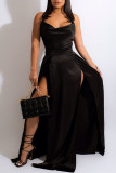 Vestido largo con correa de espagueti y abertura sin espalda con vendaje sólido sexy de moda negro