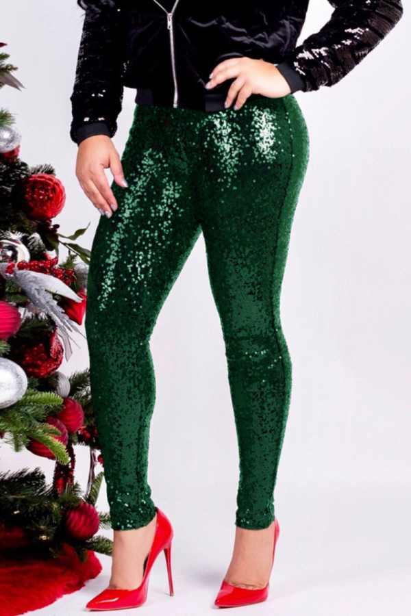 Зеленый Модная вечеринка Однотонные узкие брюки средней длины с пайетками и пайетками