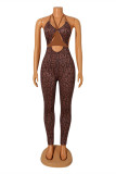 Brown Sexy Patchwork Print Bandage Hollowed Out Backless Halter Skinny Jumpsuits