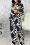Brown Casual Print Bandage Patchwork Buckle Turndown Collar Straight Jumpsuits