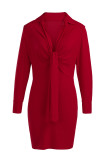 Khaki Fashion Sexy Plus Size Solid Basic Turndown Collar Long Sleeve Dress