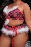 Moda vermelha sexy estampa patchwork sem costas lingerie para dia de Natal