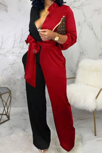Black Red Casual Solid Bandage Patchwork Buckle Turndown Collar Straight Jumpsuits