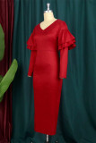 Rode mode casual effen patchwork jurken met V-hals en lange mouwen