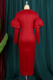 Rote Art- und Weisebeiläufige feste Patchwork-Kleider mit V-Ausschnitt und langen Ärmeln