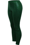 Calças de lantejoulas de patchwork casuais de moda verde regular de cintura alta lápis