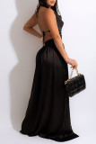 Черное модное сексуальное твердое повязочное длинное платье с открытой спиной и разрезом на тонких бретелях