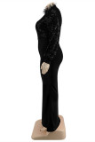 Schwarzes Mode-Plus-Size-Patchwork-Pailletten-O-Ausschnitt-Langarm-Abendkleid