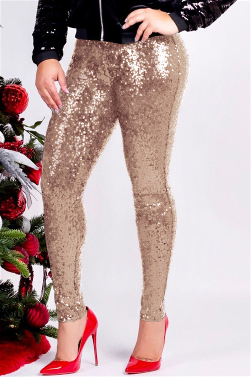 

Apricot Fashion Casual Patchwork Sequins Regular High Waist Pencil Trousers