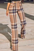 Pantalon marron décontracté à carreaux avec patchwork coupe botte taille haute haut-parleur entièrement imprimé