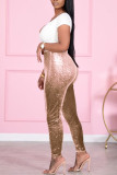 Apricot Fashion Party Solid Sequins Sequined Skinny Mid Bottoms