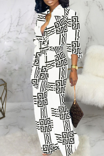 White Casual Print Bandage Patchwork Buckle Turndown Collar Straight Jumpsuits