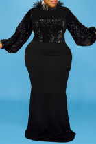 Черная мода плюс размер лоскутное вечернее платье с блестками и круглым вырезом с длинным рукавом