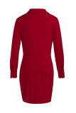 Red Fashion Sexy Plus Size Solid Basic Turndown Collar Long Sleeve Dress